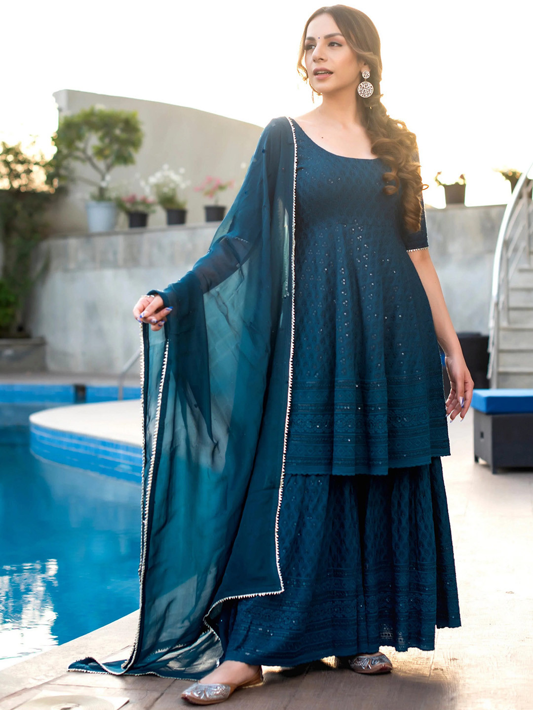 

Royal Export Floral Embroidered Empire Sequinned Kurta With Sharara & Dupatta, Blue