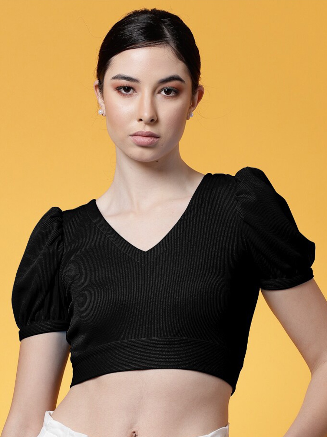 

Oomph! Puff Sleeves Cut Out Tie Up Fitted Crop Top, Black