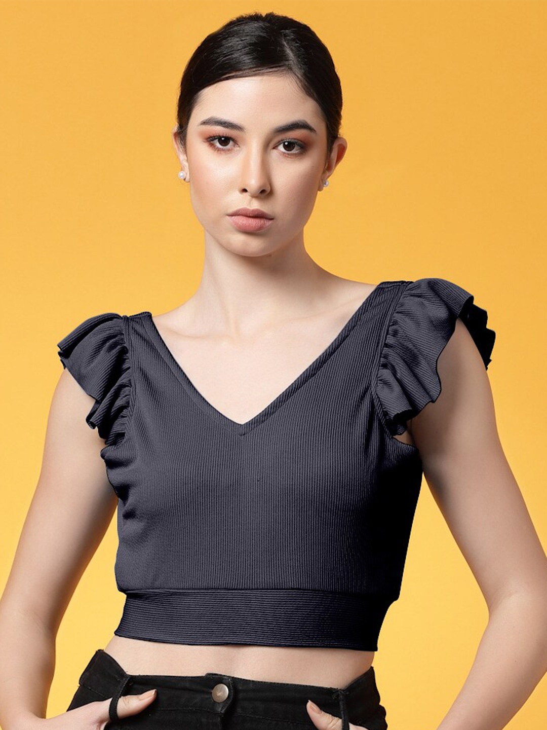 

Oomph! Flutter Sleeves Crop Top, Navy blue