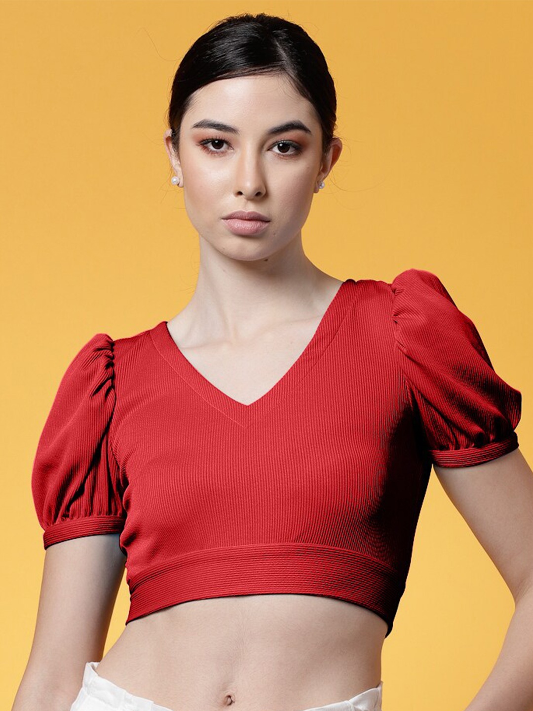 

Oomph! V-Neck Puff Sleeve Fitted Crop Top, Red