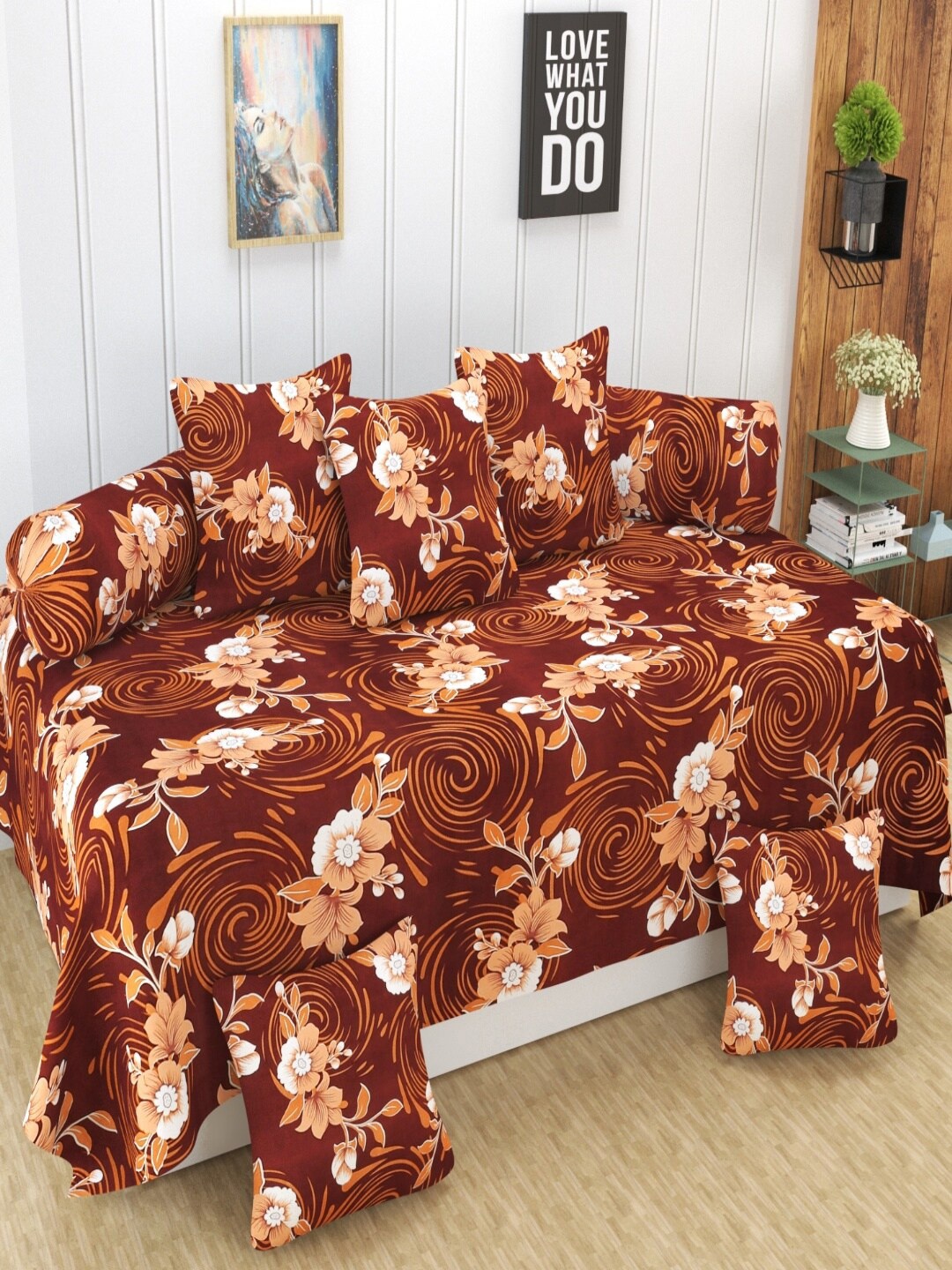 

Homefab India 8-Pieces Brown & White Printed Diwan Set