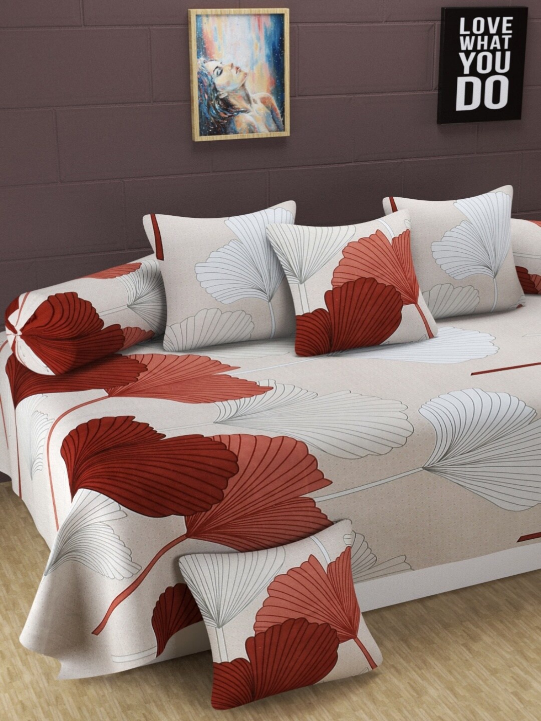 

Homefab India 8 Pieces Beige & White Printed Diwan Set