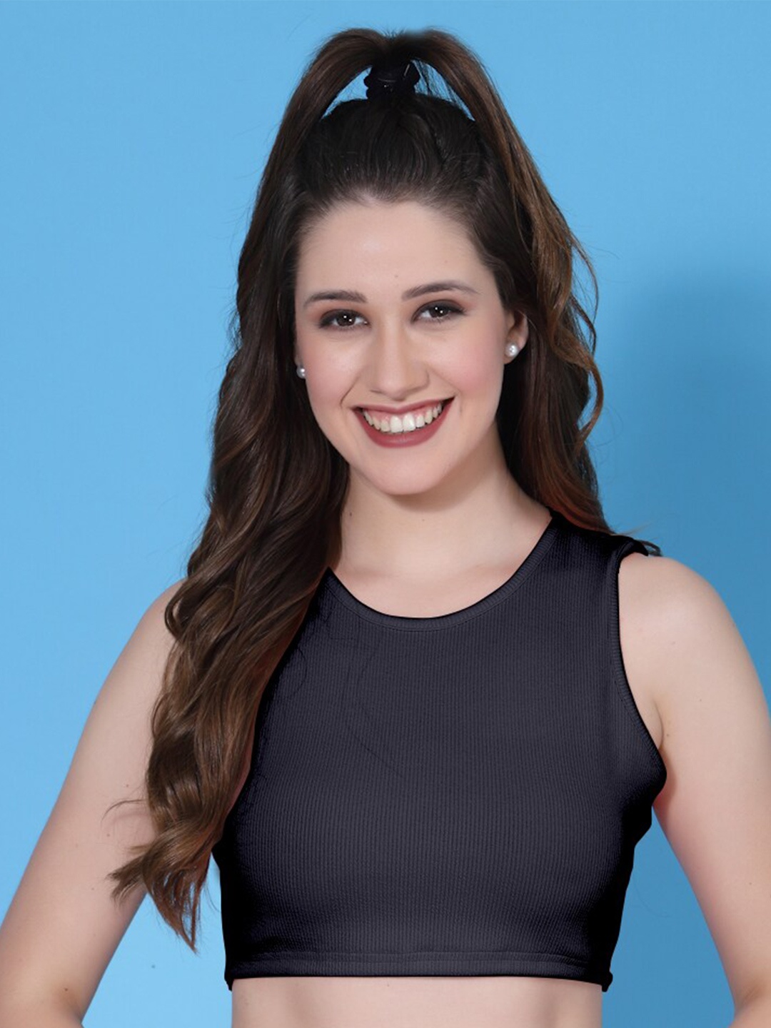 

Oomph! Self Design Sleeveless Fitted Crop Top, Blue