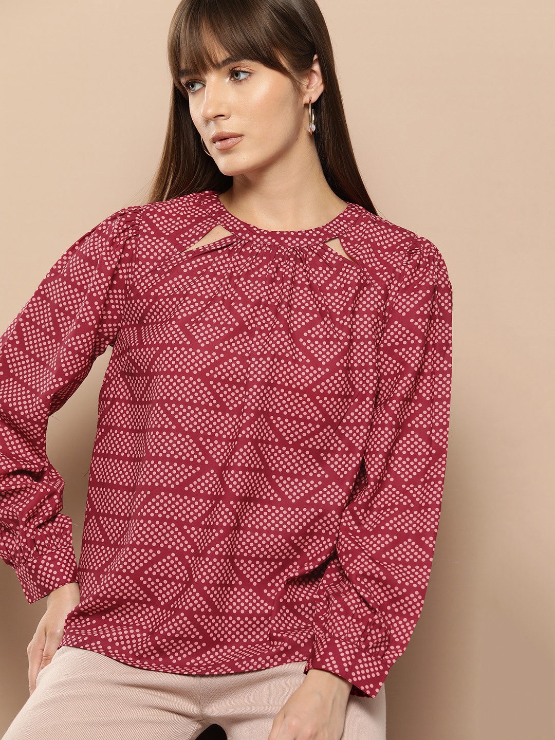 

Chemistry Geometric Print Cut-Out Top, Maroon