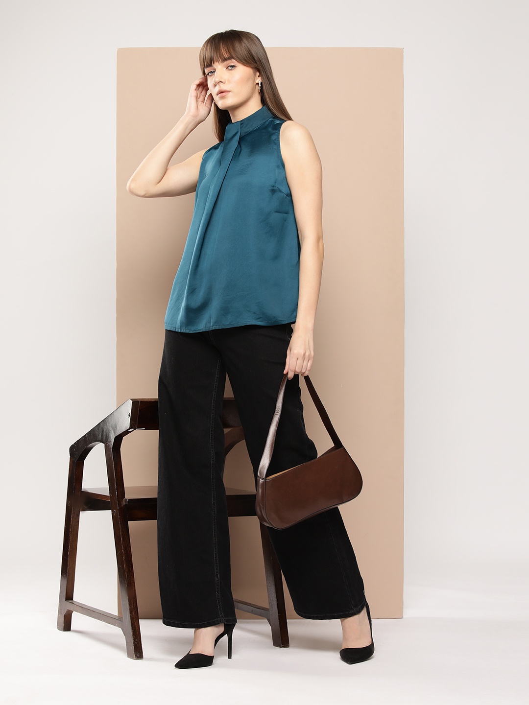 

Chemistry High Neck Satin-Finish Top, Teal