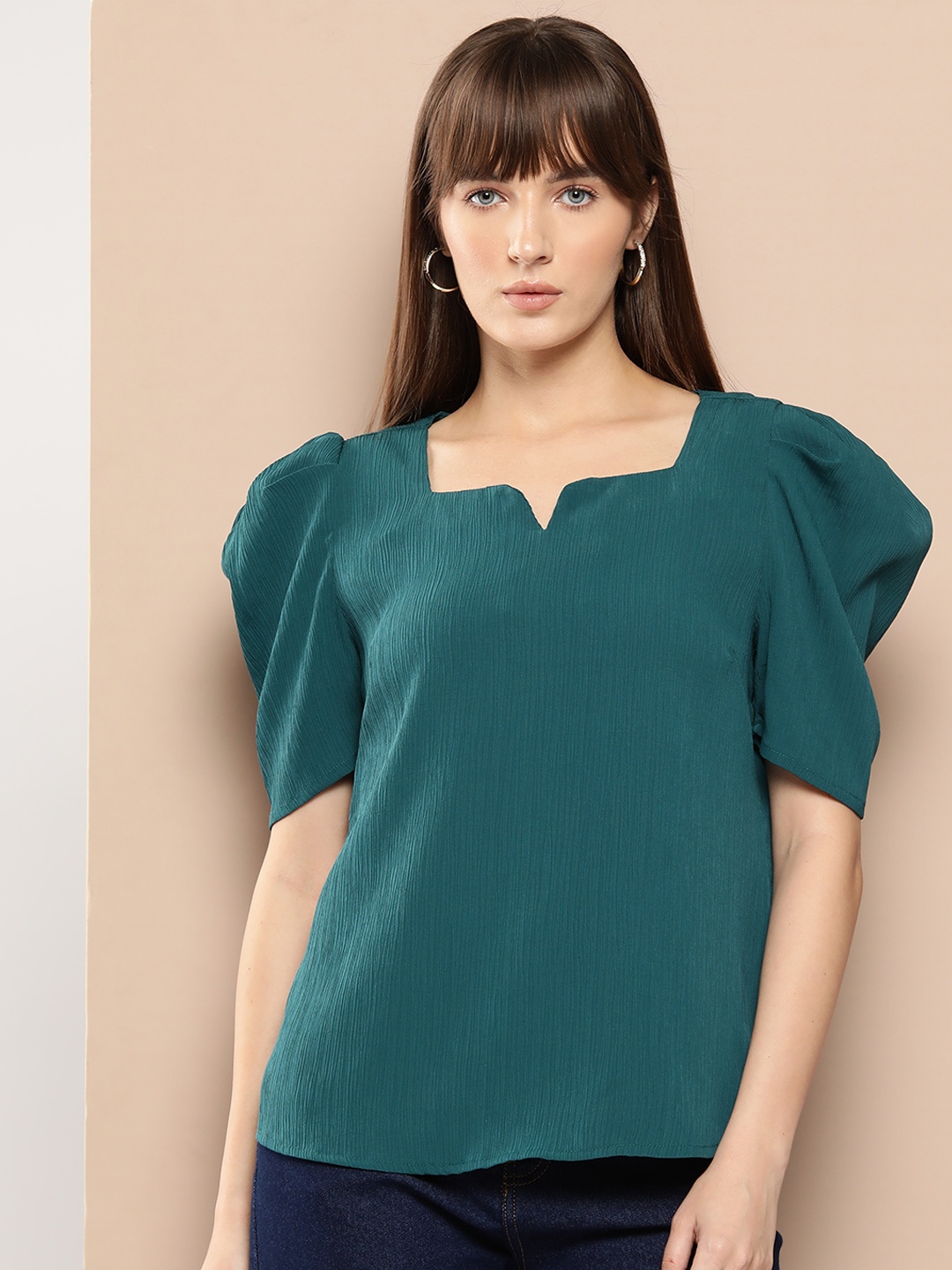 

Chemistry Notched Square Neck Puff Sleeves Top, Teal