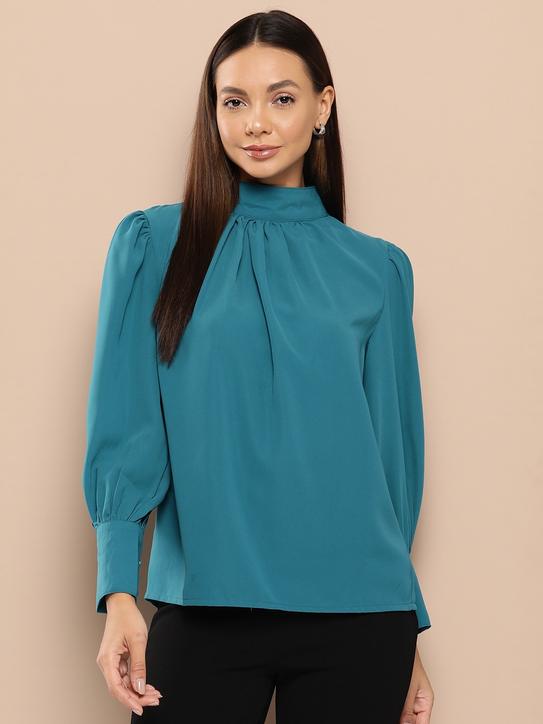 

Chemistry Bishop Sleeve Nigh Neck Top, Teal