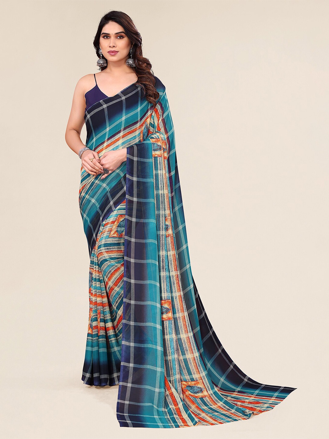 

KALINI Checked Poly Georgette Saree, Navy blue