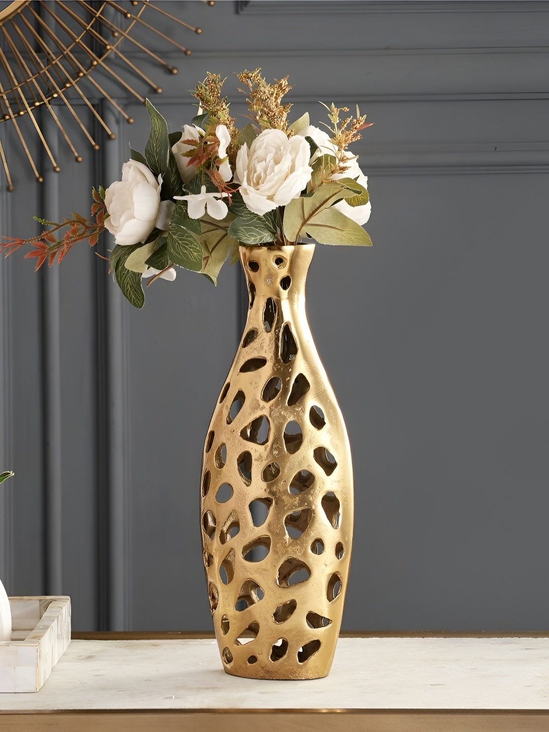 

Decor de Maison Gold-toned Geometric Cut-out Metal Medium Floral Vase