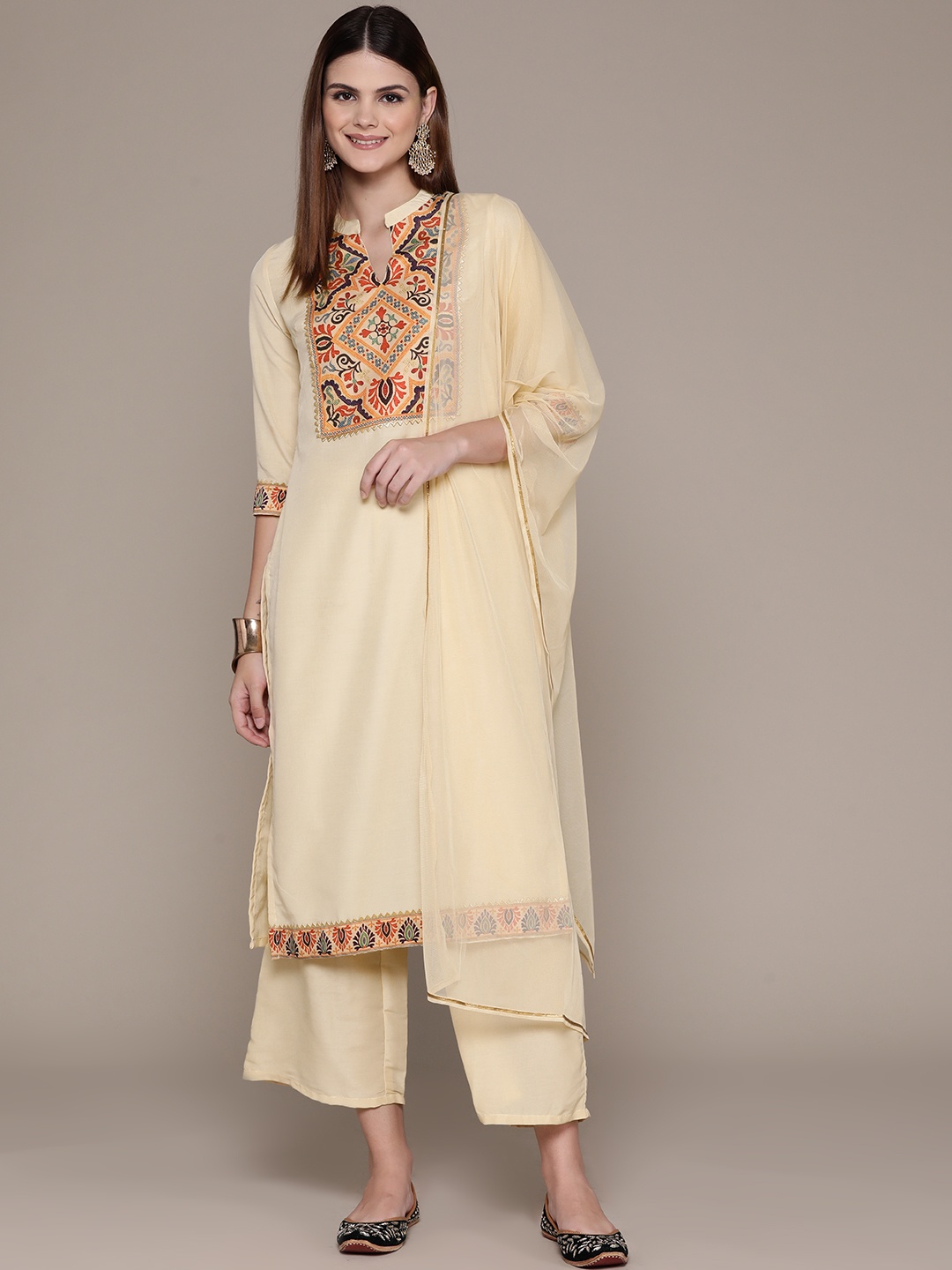 

ZIYAA Ethnic Motifs Mandarin Collar Kurta with Palazzos & Dupatta, Cream