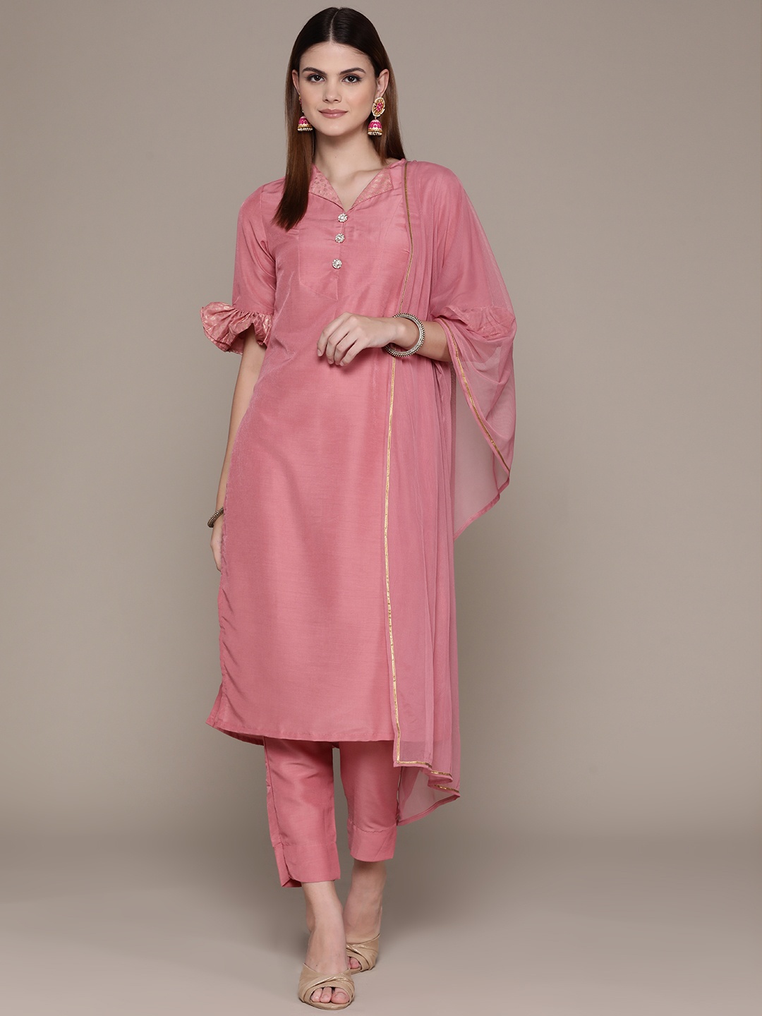 

ZIYAA Printed Bell Sleeves Kurta with Trousers & Dupatta, Pink