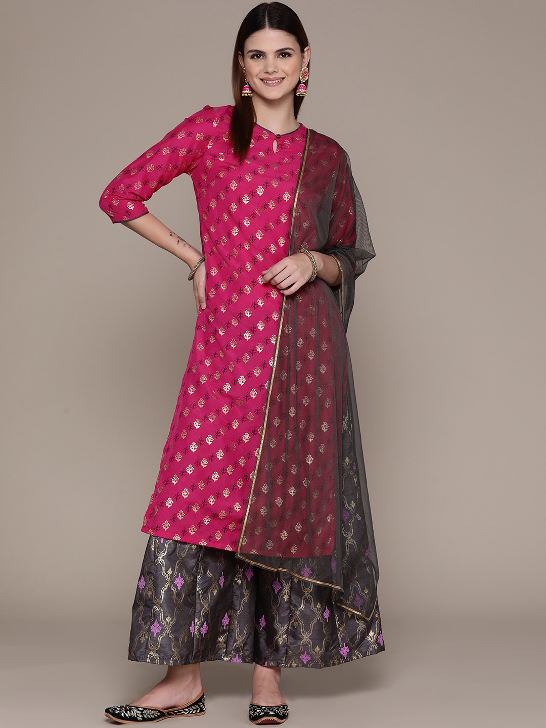 

ZIYAA Floral Printed Kurta with Palazzos & Dupatta, Pink