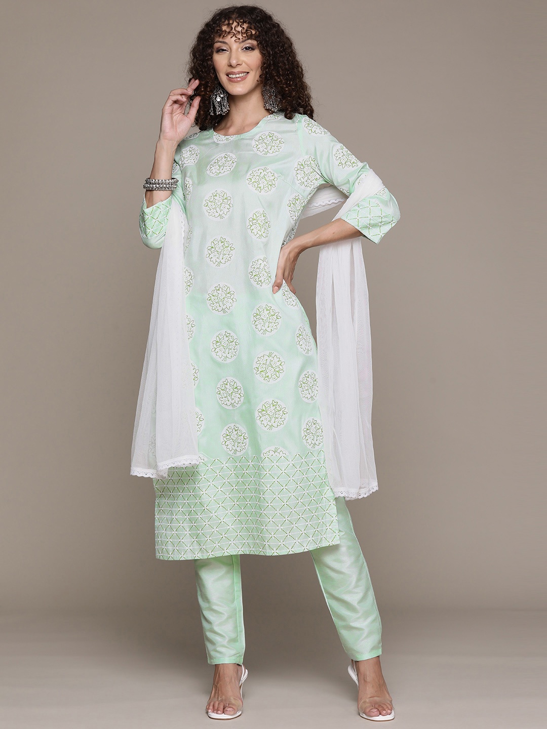 

ZIYAA Women Floral Printed Regular Kurta with Trousers & Dupatta, Sea green