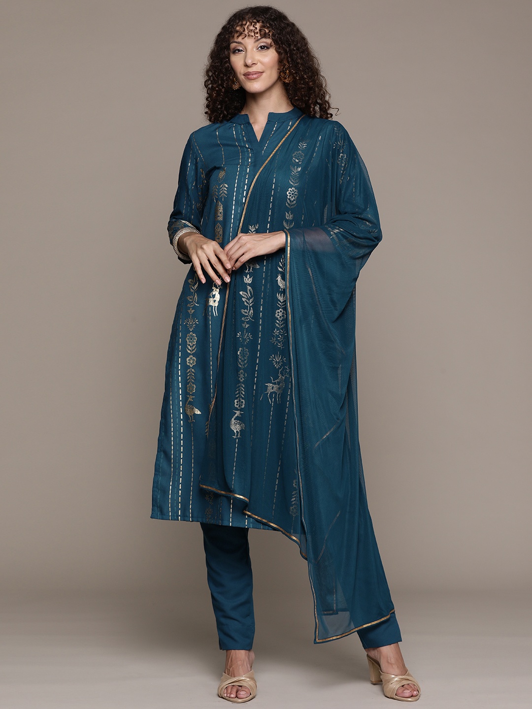 

ZIYAA Women Floral Printed Regular Kurta with Trousers & With Dupatta, Teal