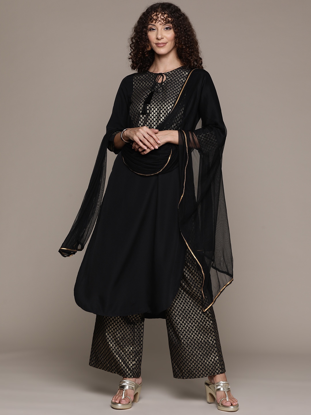

ZIYAA Women Ethnic Motifs Printed Regular Kurta with Palazzos & Dupatta, Black
