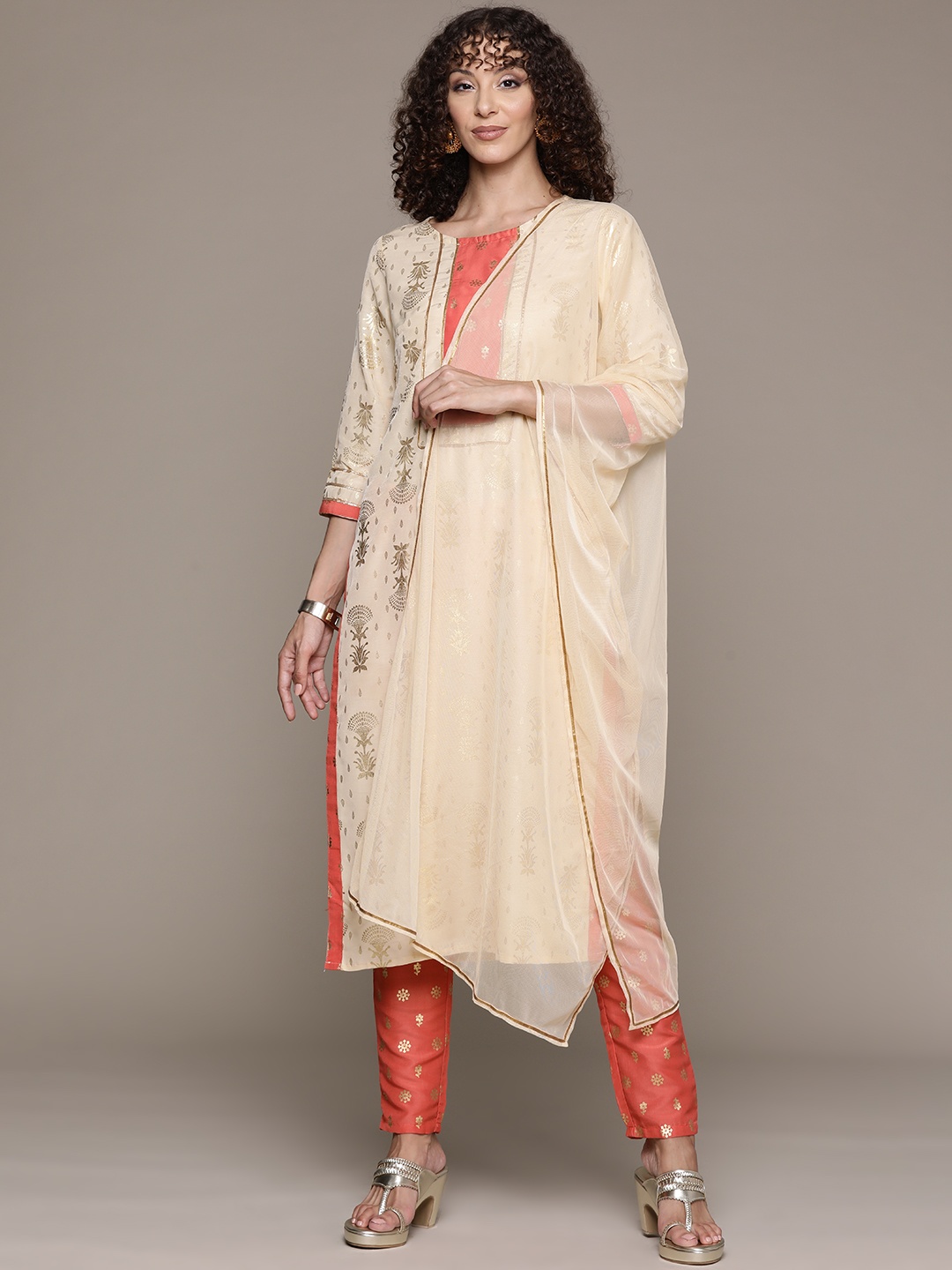 

ZIYAA Women Floral Printed Regular Gotta Patti Kurta with Trousers & Dupatta, Beige