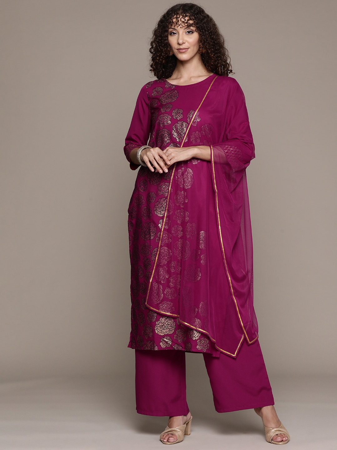 

ZIYAA Women Floral Printed Regular Kurta with Palazzos & With Dupatta, Pink