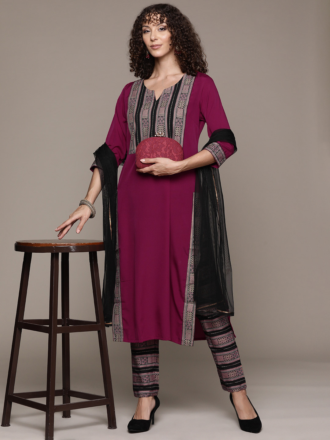 

ZIYAA Women Yoke Design Regular Kurta with Trousers & With Dupatta, Pink