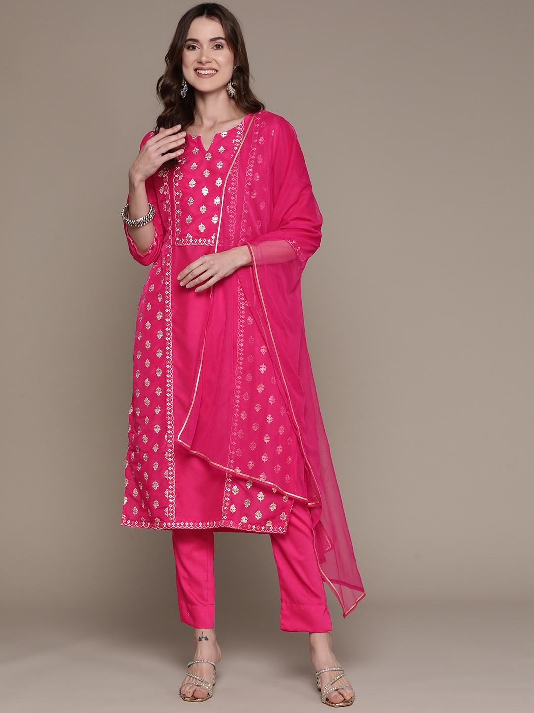 

ZIYAA Ethnic Motifs Printed Kurta with Trousers & Dupatta, Pink