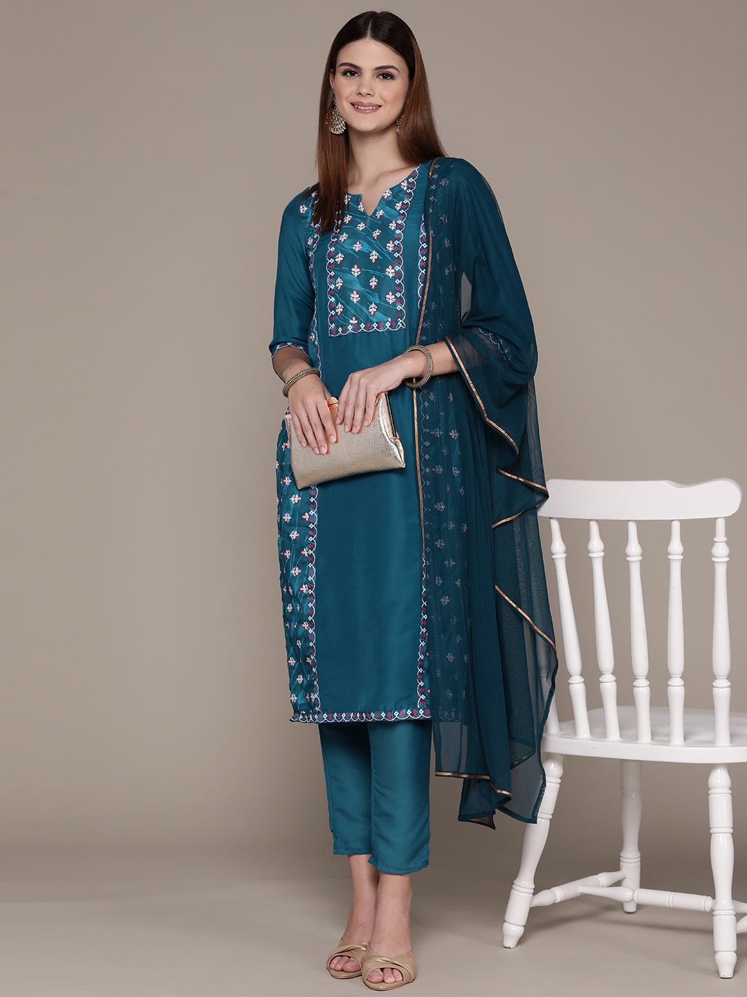 

ZIYAA Ethnic Motifs Printed Kurta with Trousers & Dupatta, Blue