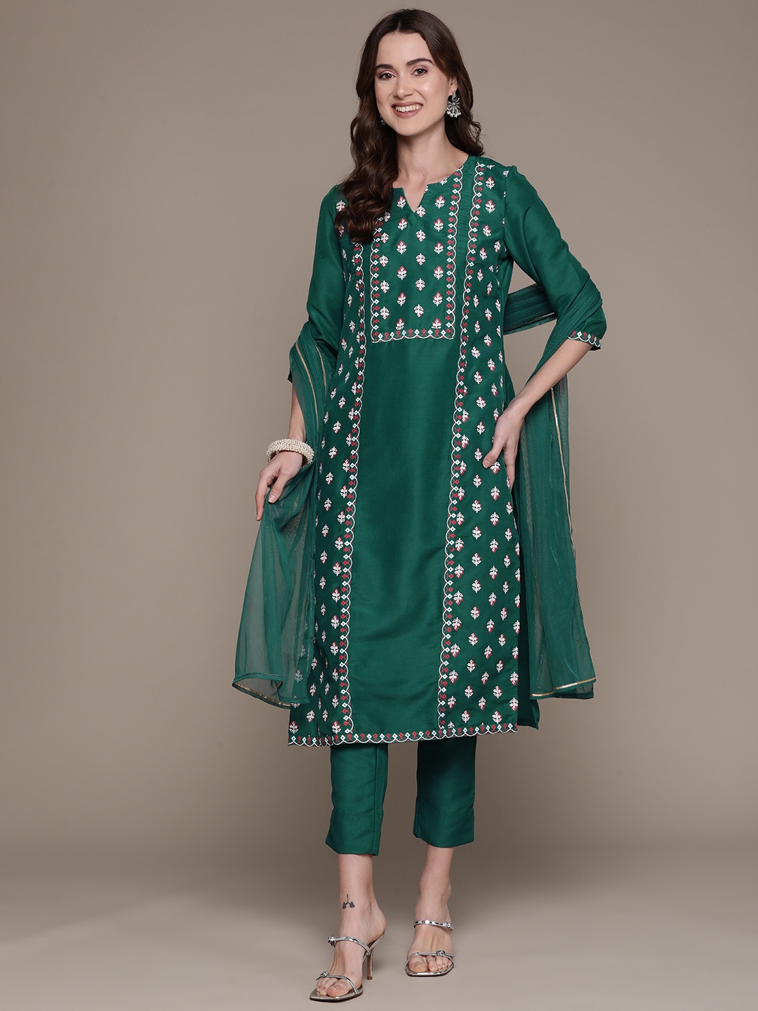

ZIYAA Ethnic Motifs Printed Kurta with Trousers & Dupatta, Green