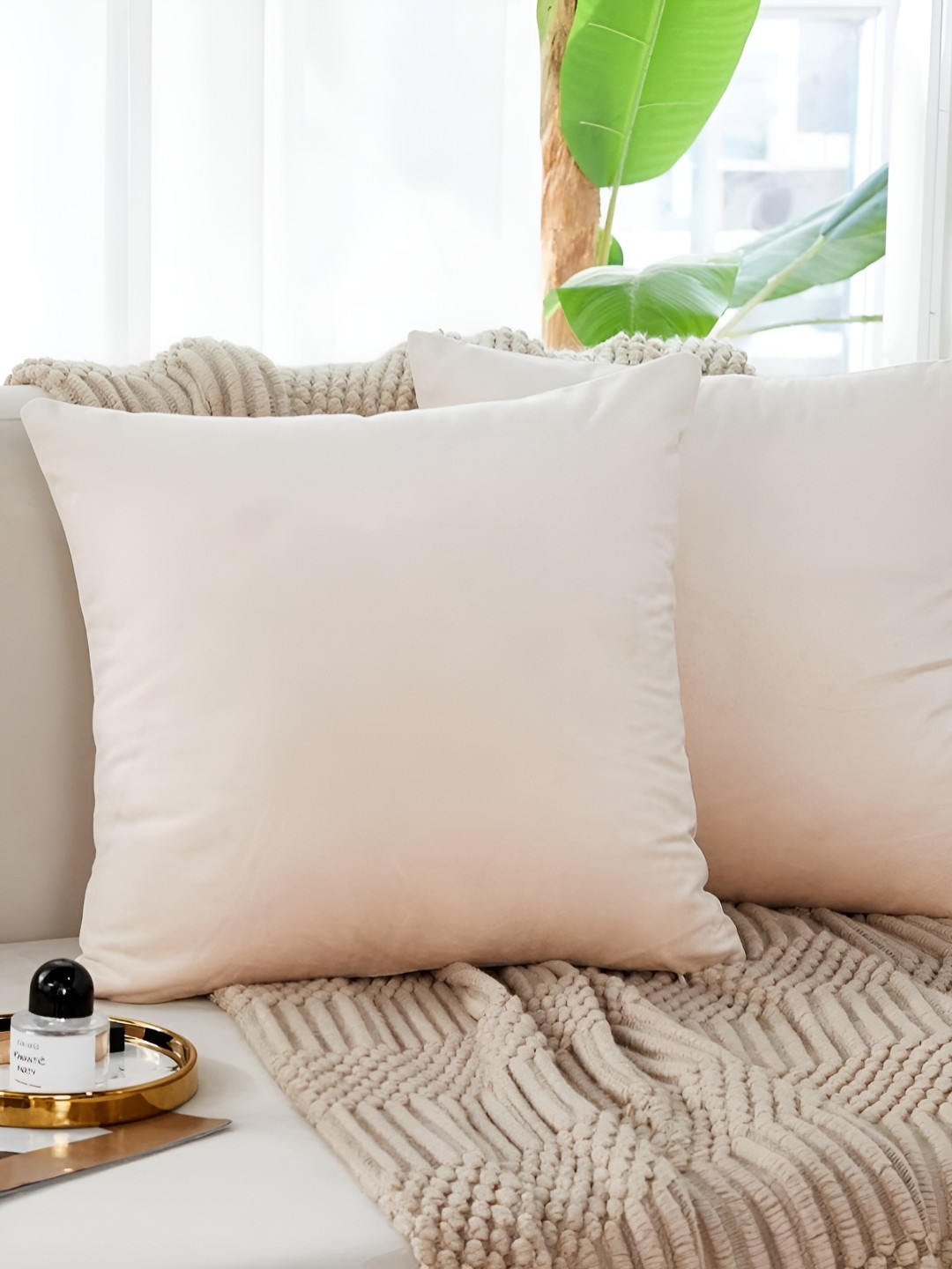 

stuffique Beige 2 Pieces Velvet Square Cushion Covers