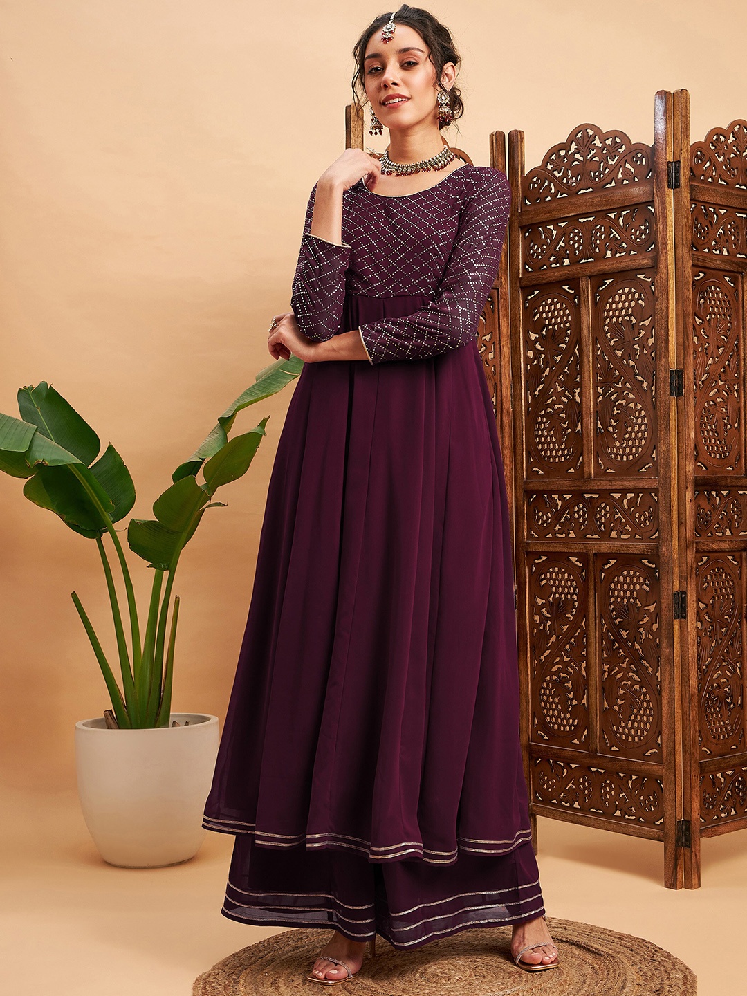 

Shae by SASSAFRAS Mukaish Work Round Neck Anarkali Kurta, Burgundy