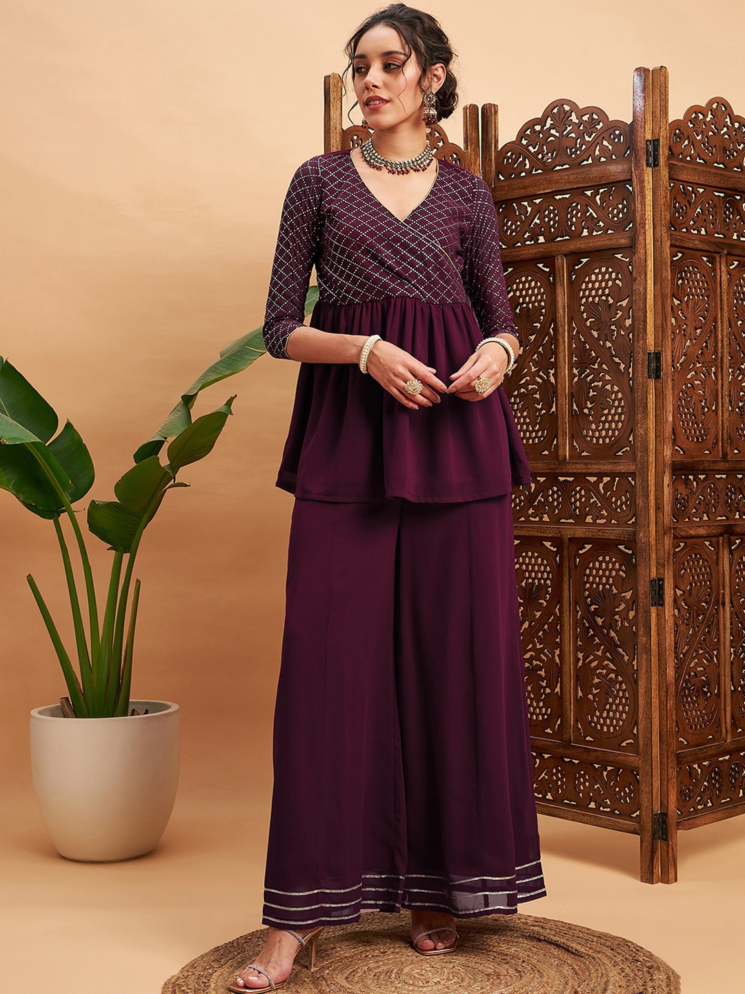 

Shae by SASSAFRAS Embellished V-Neck Top With Sharara, Burgundy