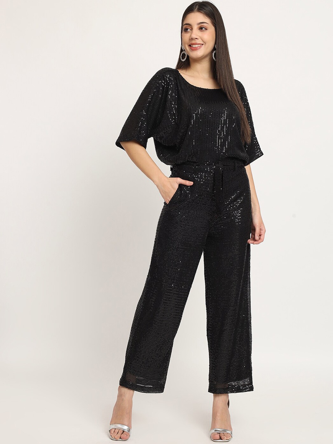 

ISAM Embellished Flared Sleeves Sequined Top With Trouser, Black