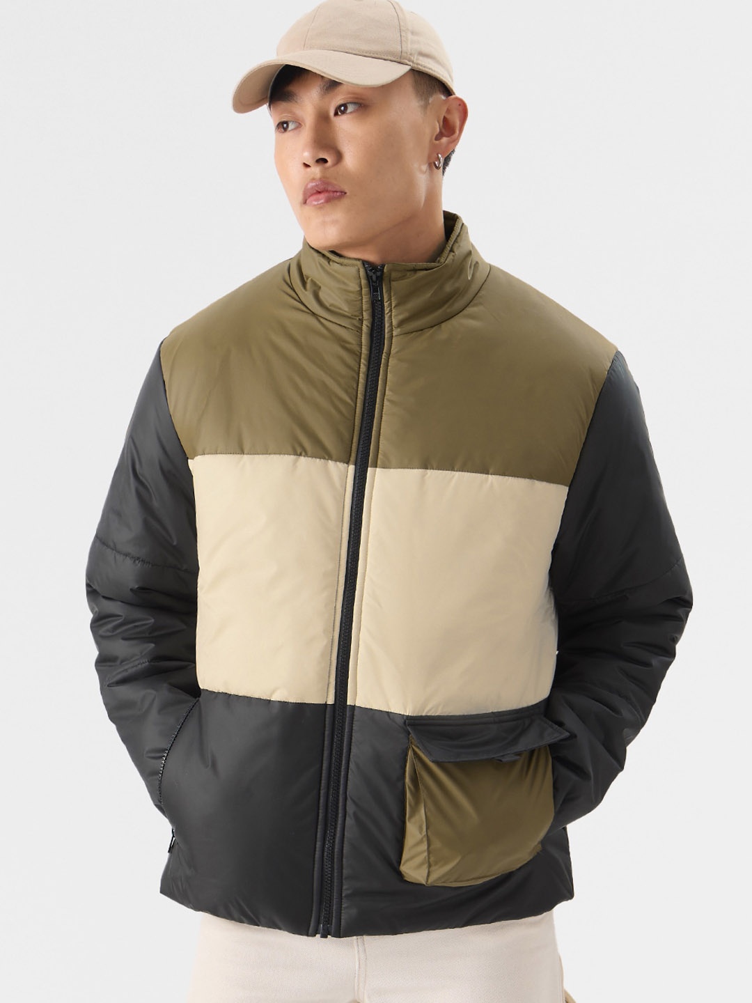 

The Souled Store Men Olive & Cream-Coloured Colourblocked Lightweight Padded Jacket
