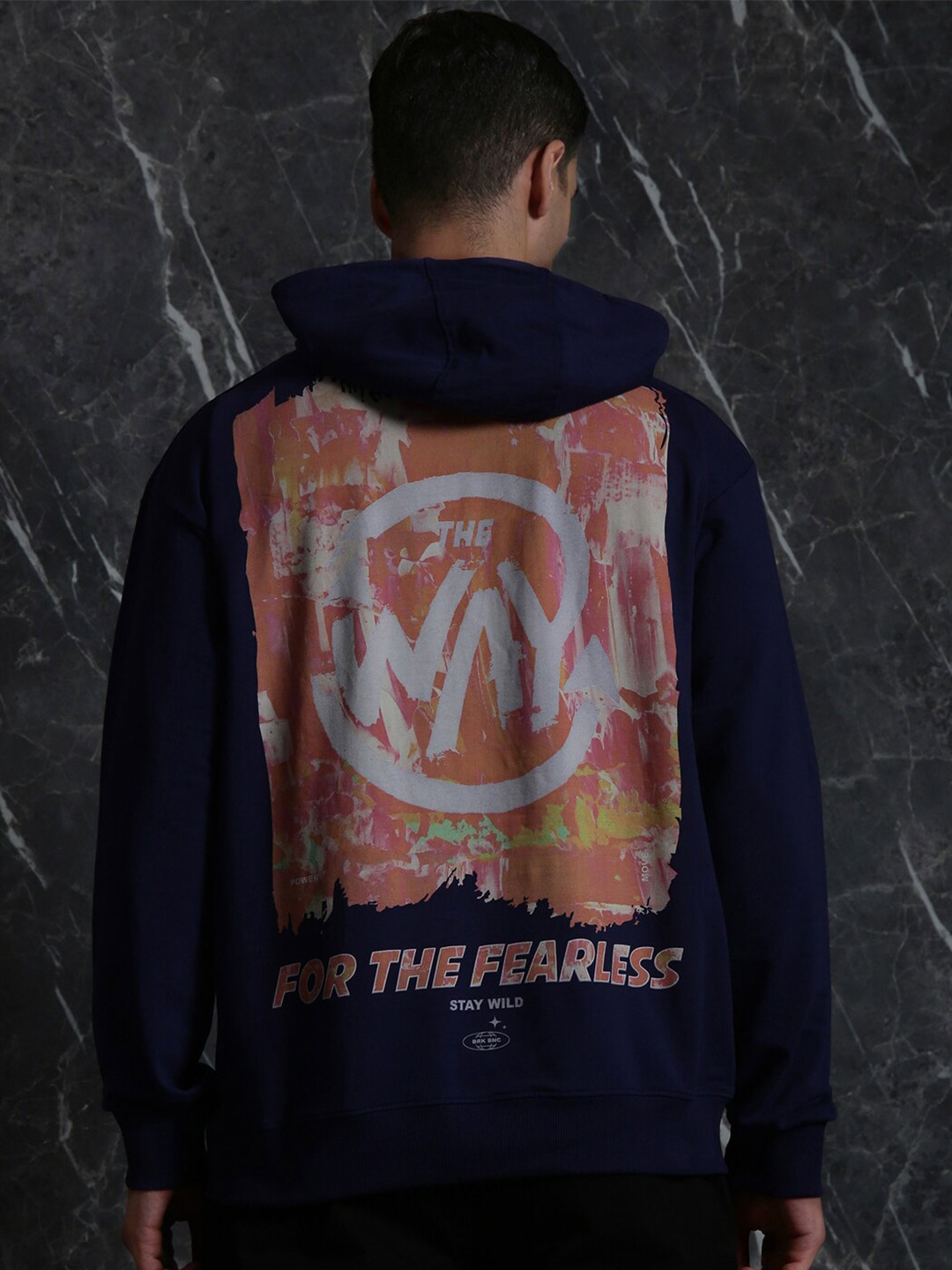 

Breakbounce Navy Blue Typography Printed Hooded Cotton Pullover Sweatshirt