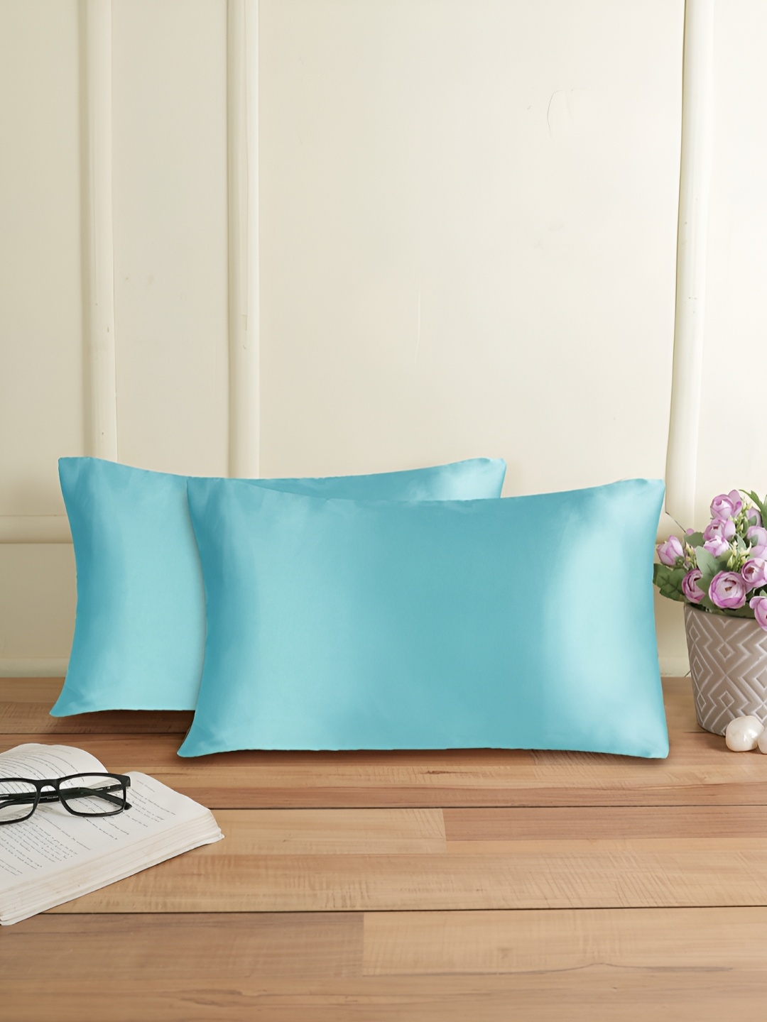 

THE CONVERSION Blue 2 Pieces Silky Satin Rectangle Pillow Covers