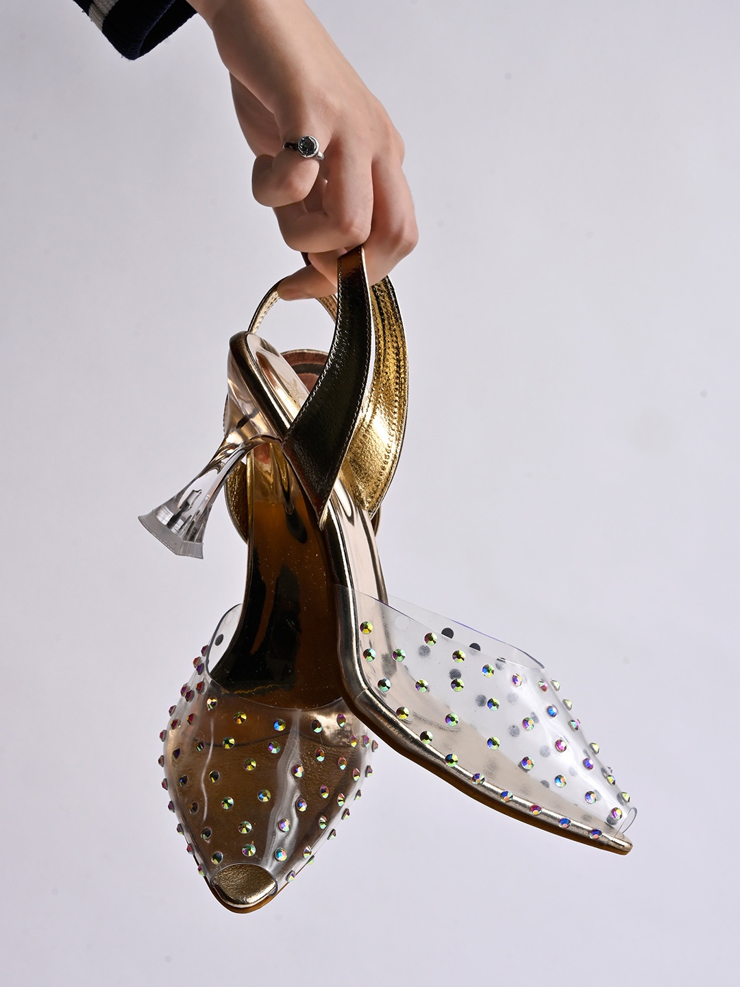 

Shoetopia Embellished Peep Toe Slim Heels, Gold