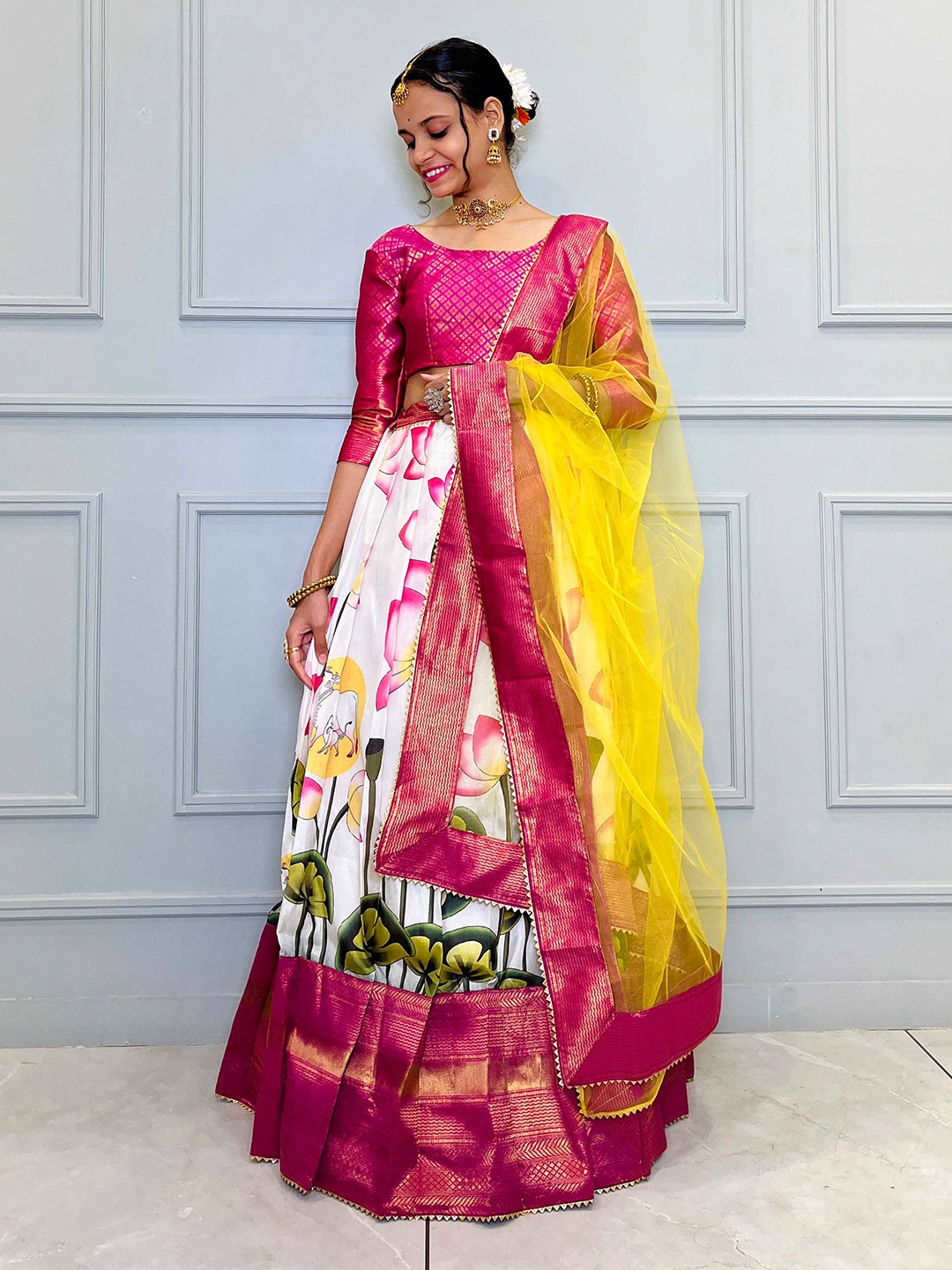 

Fabcartz Woven Design Semi-Stitched Silk Lehenga Choli With Dupatta, Pink