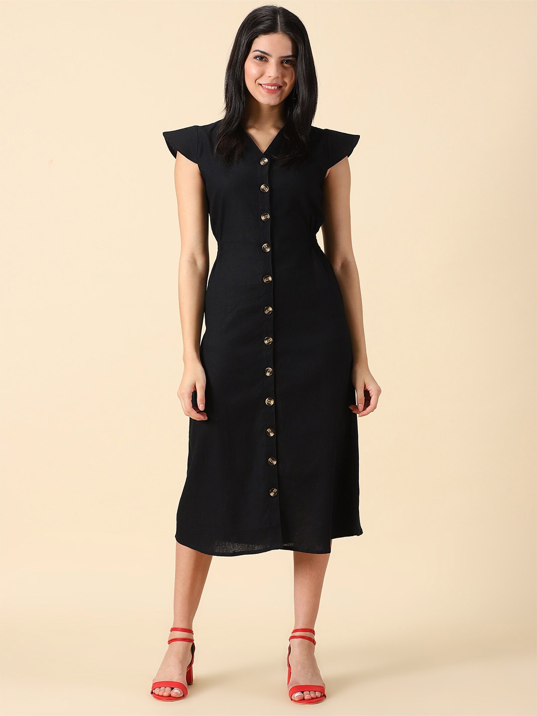 

PURPLE FLAUNT Cape Sleeves Linen Shirt Midi Dress, Black