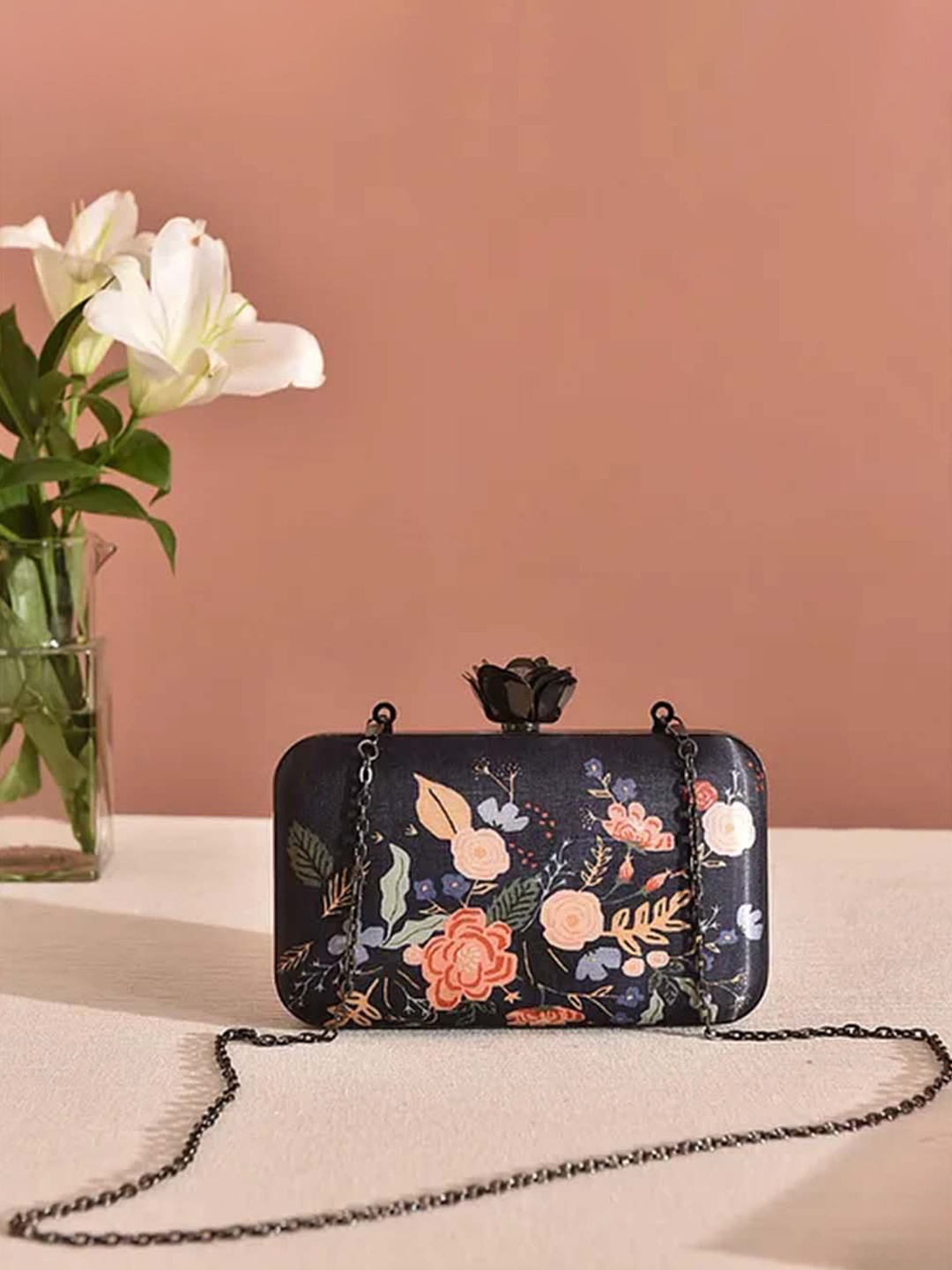 

Jalwa Art Floral Printed Box Clutch, Black