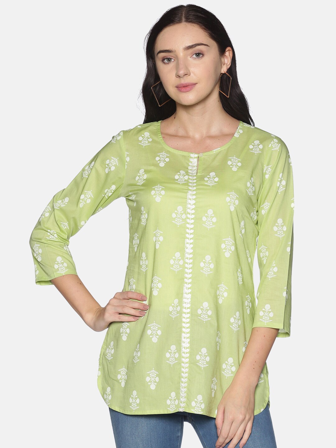 

Saffron Threads Floral Printed Embroidered Pure Cotton Tunic, Green
