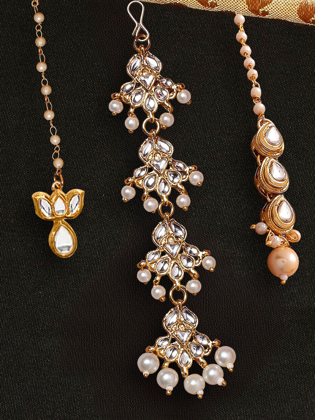 

OOMPH Set Of 3 Kundan Studded & Beaded Maang Tikkas, Gold