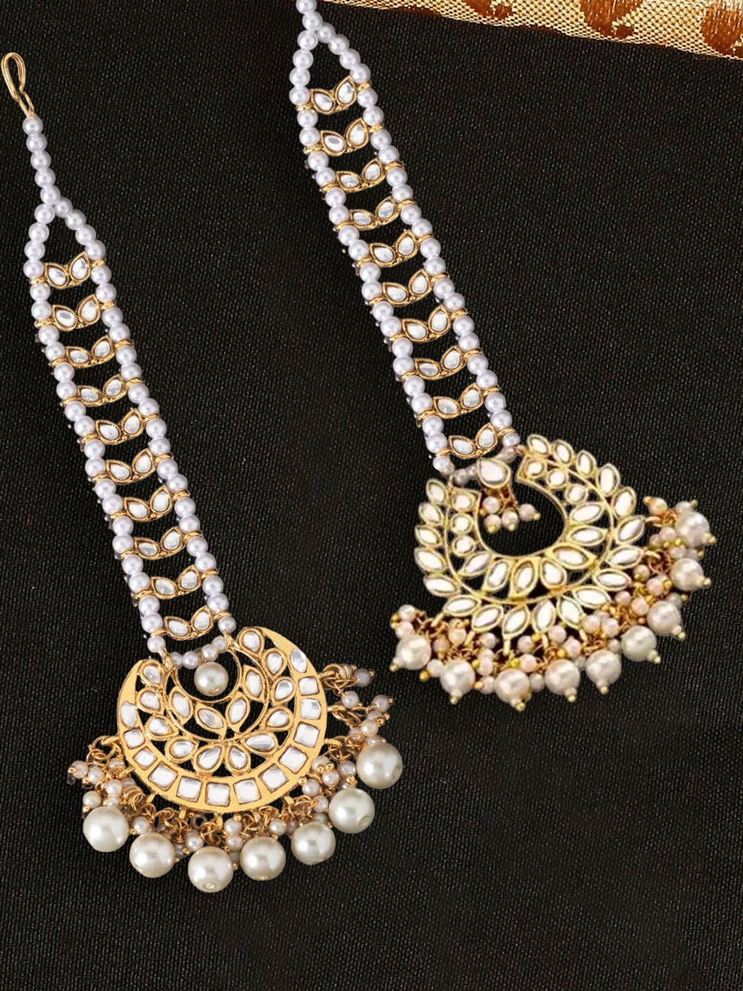 

OOMPH Set Of 2 Kundan Studded & Beaded Maang Tikkas, Gold