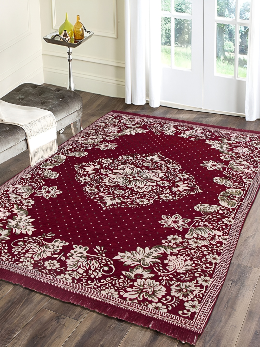 

Sparrow world Maroon & White Floral Printed Carpet