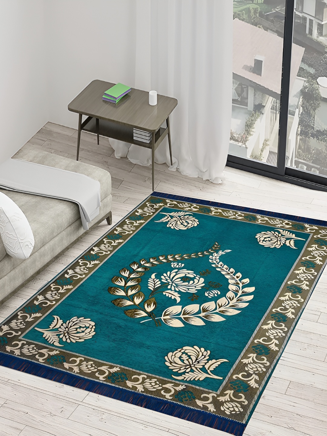 

Sparrow world Sea Green & White Floral Printed Carpet