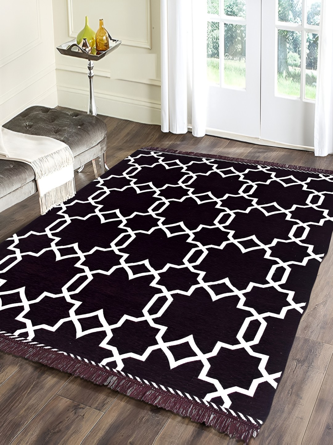 

Sparrow world Coffee Brown & White Printed Velvet Chennile Carpet