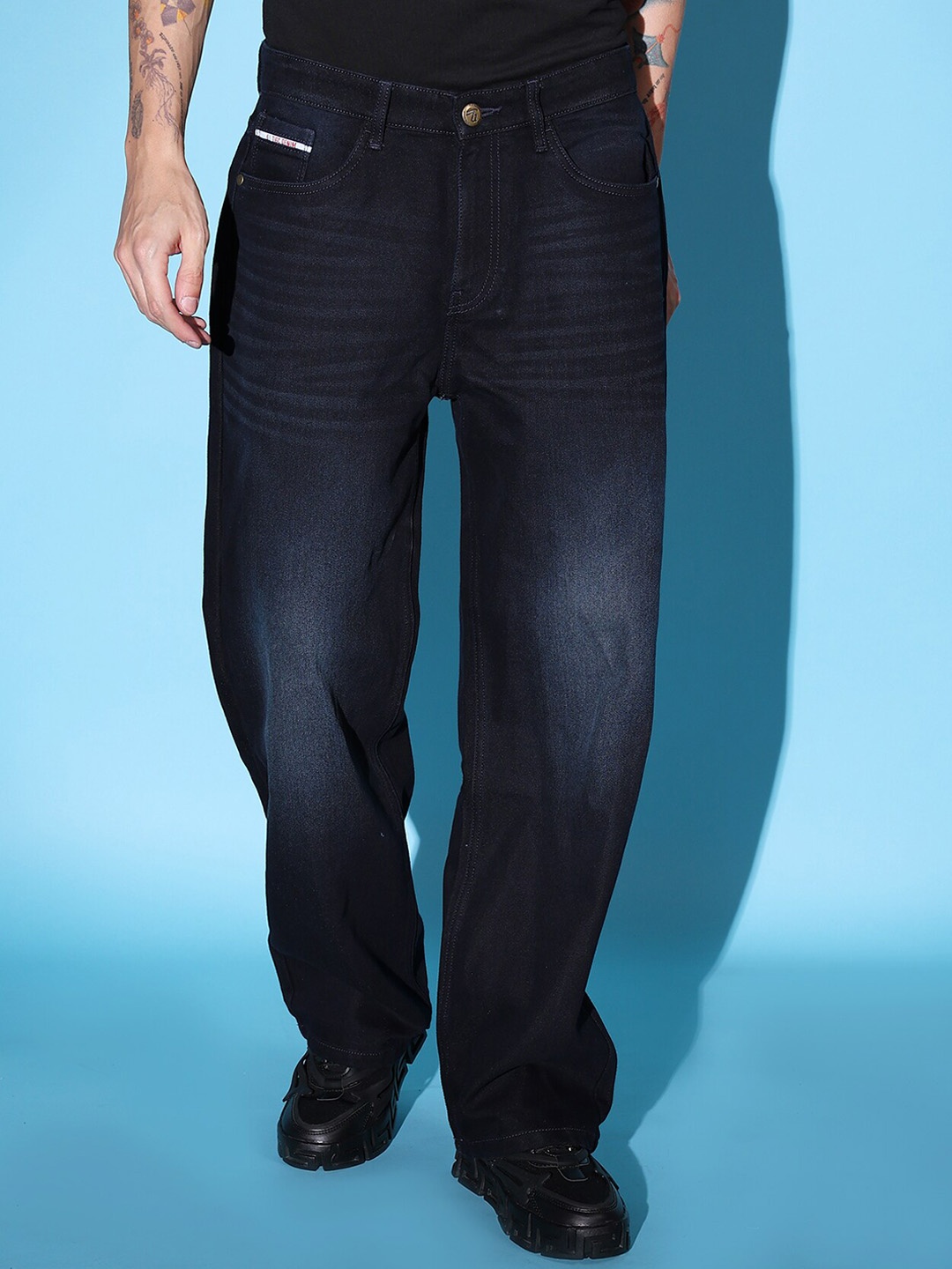 

The Indian Garage Co Men Mid-Rise Loose Baggy Fit Stretchable Jeans, Navy blue
