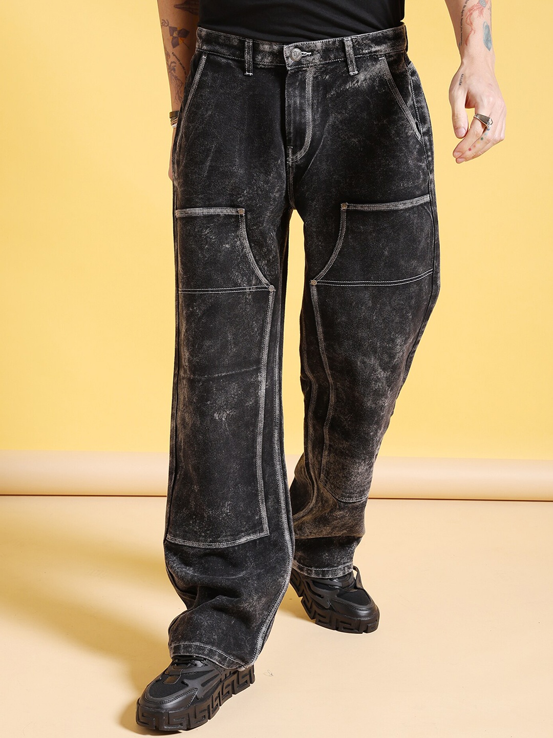

The Indian Garage Co Men Heavy Fade Mid Rise Baggy Relaxed Fit Jeans, Black