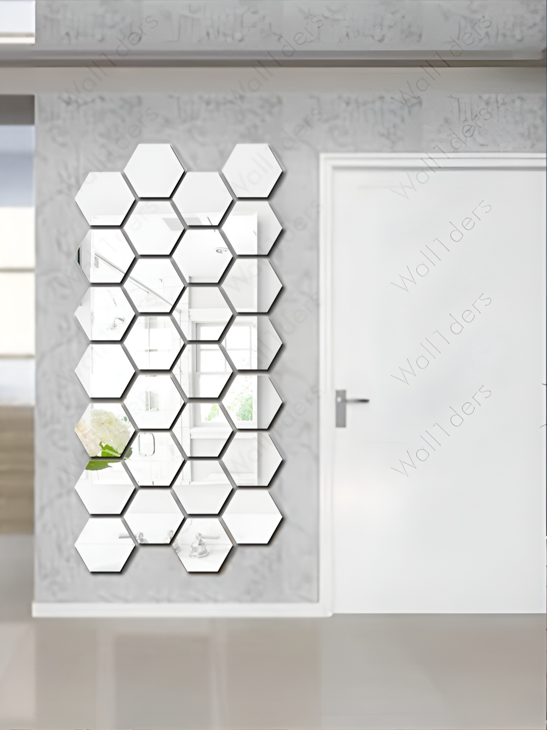 Wall1ders Silver Toned 30 Pieces Hexagon Acrylic Mirror Wall Stickers