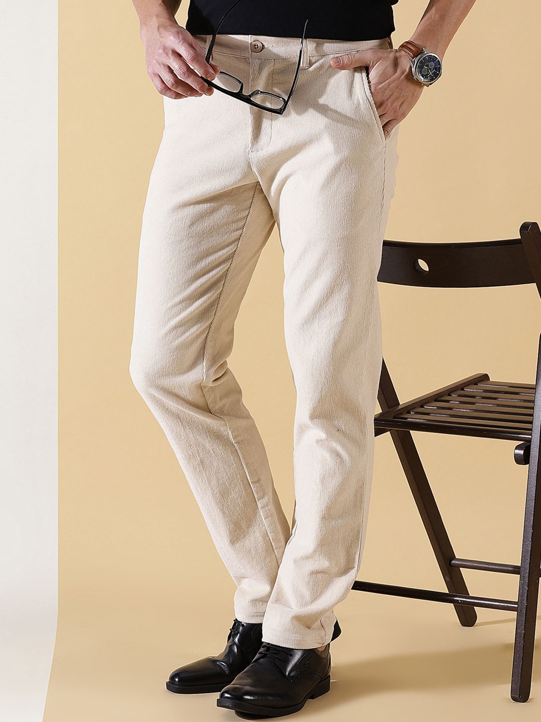 

Thomas Scott Men Textured Smart Slim Fit Easy Wash Corduroy Chinos Trousers, Cream