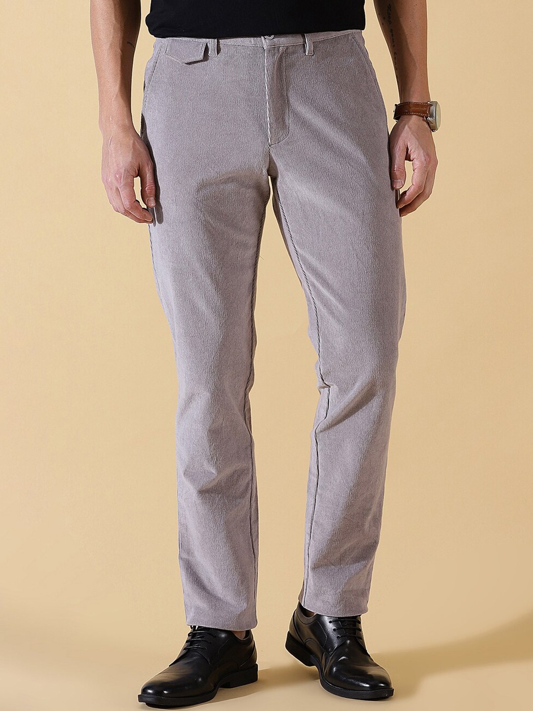 

Thomas Scott Men Textured Smart Slim Fit Easy Wash Corduroy Chinos Trousers, Grey