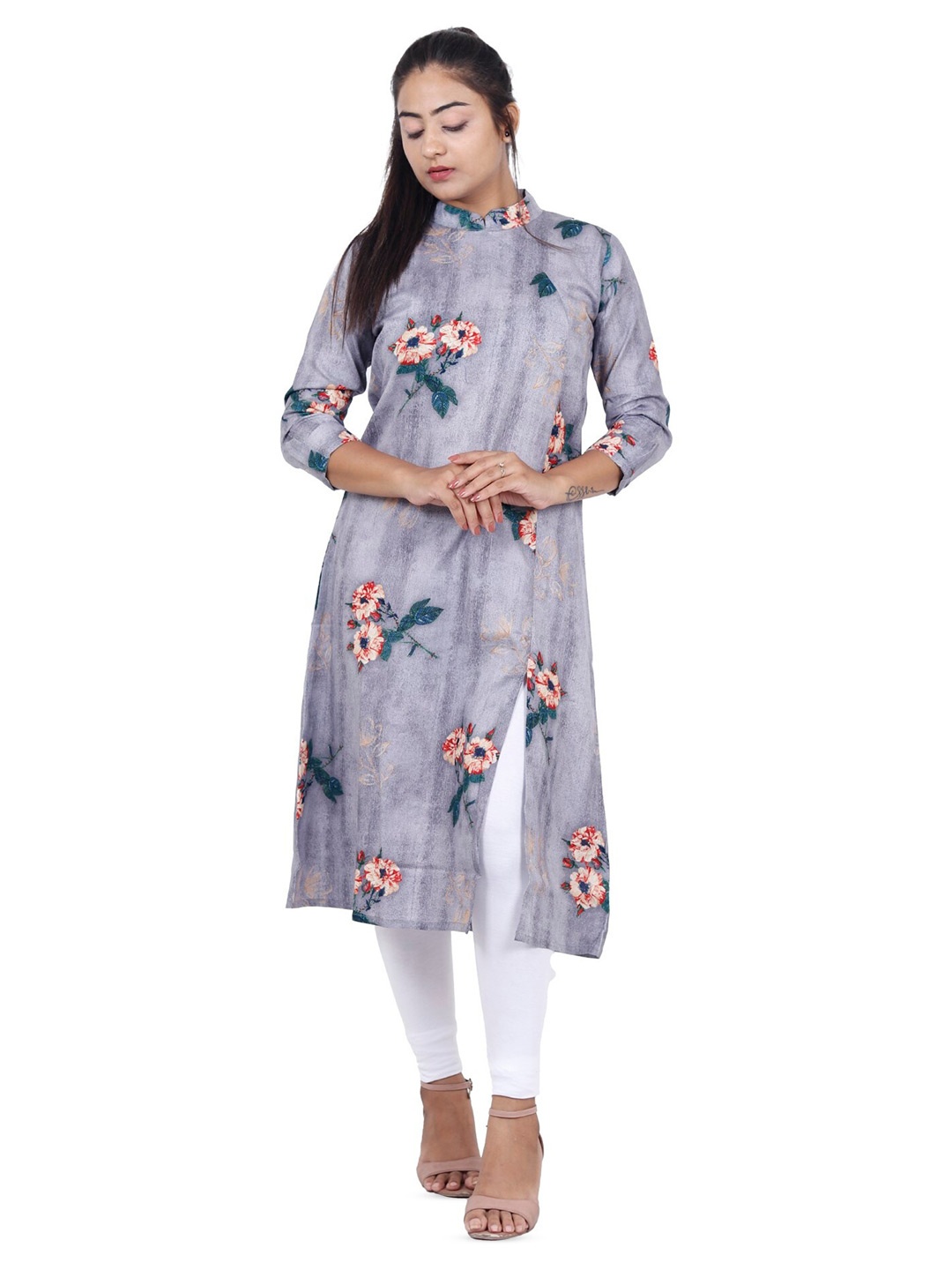 

NAVGYA Floral Printed Pure Cotton A-Line Kurta, Grey