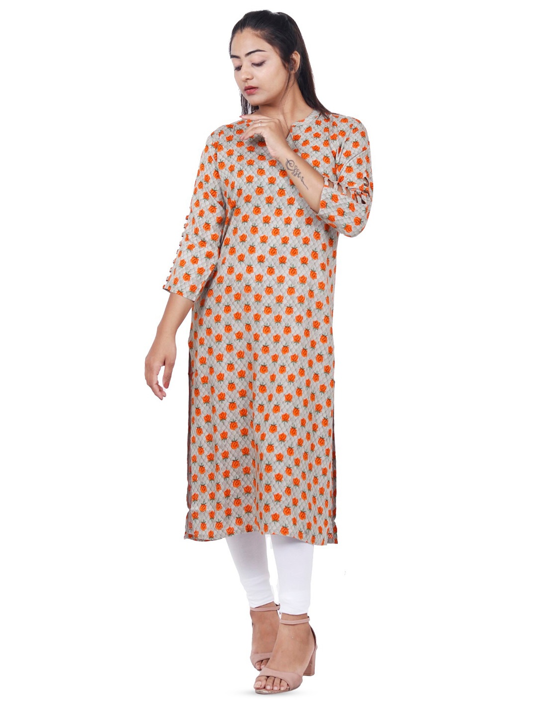 

NAVGYA Ethnic Motif Printed Mandarin Collar Straight Kurta, Grey