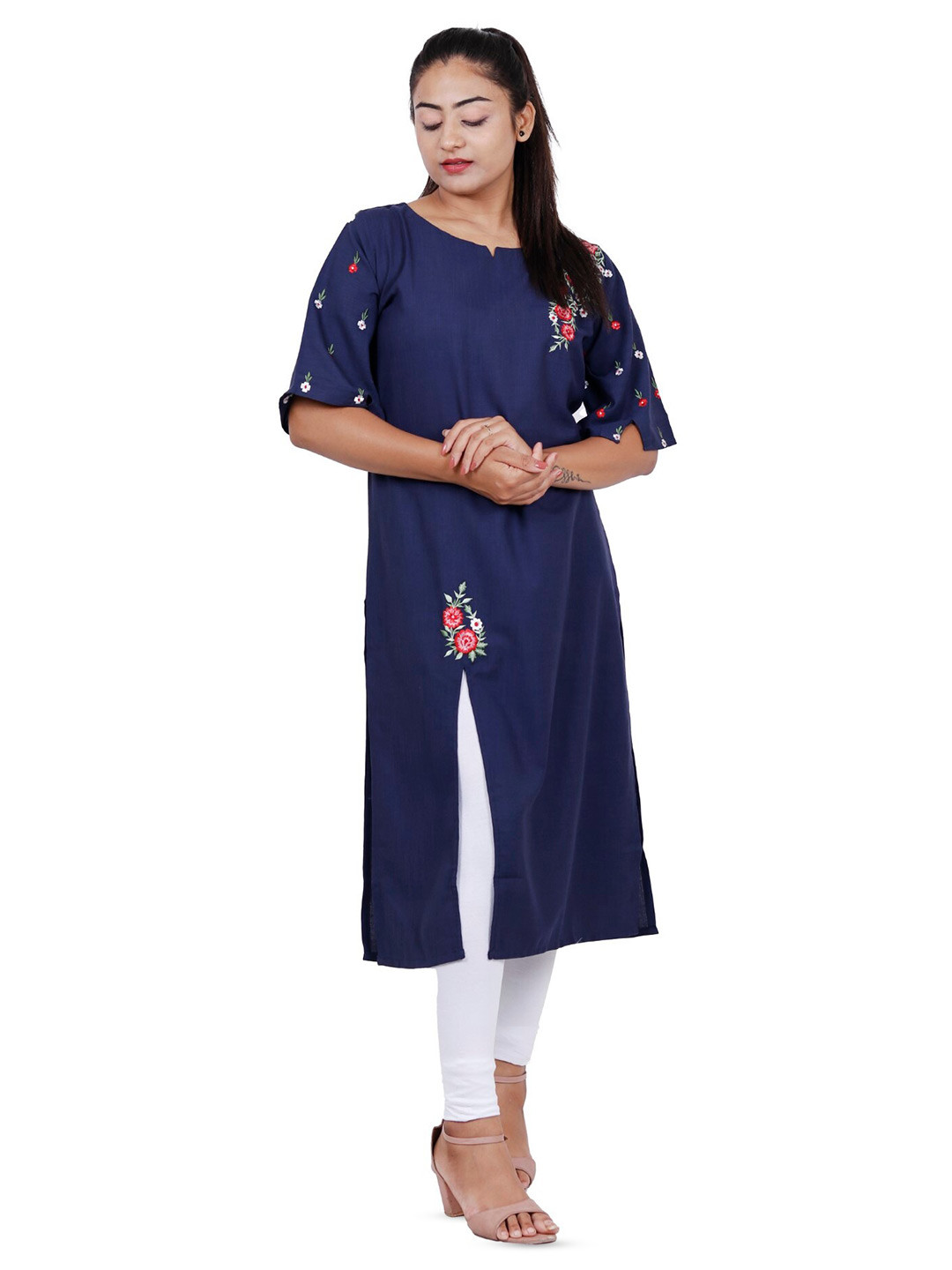 

NAVGYA Floral Embroidered Silk Straight Kurta, Blue